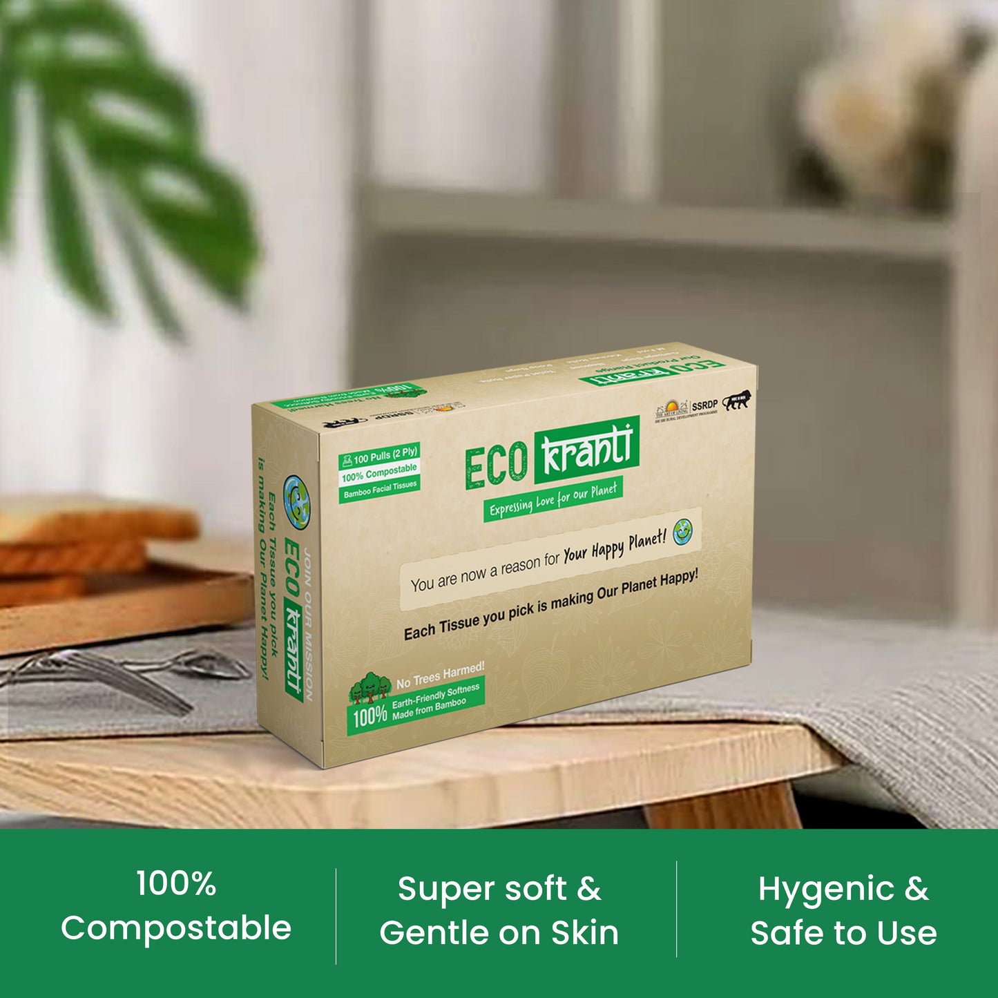 Eco Kranti - Bamboo Facial Tissue Paper Box | 100 Pulls x 3 Packs | Soft & Absorbent Face Tissues | Biodegradable, Compostable 100g