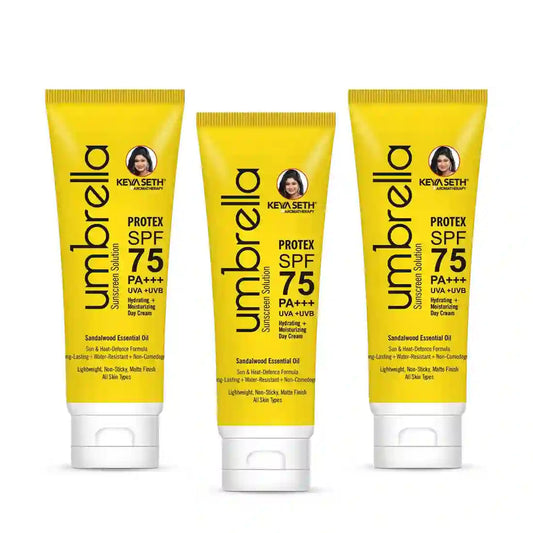Umbrella Sunscreen Solution Protex SPF 75 Broad Spectrum Protection, Hydrating, No White Cast, Lightweight Matte Finish with Sandalwood Oil 100ml x 3