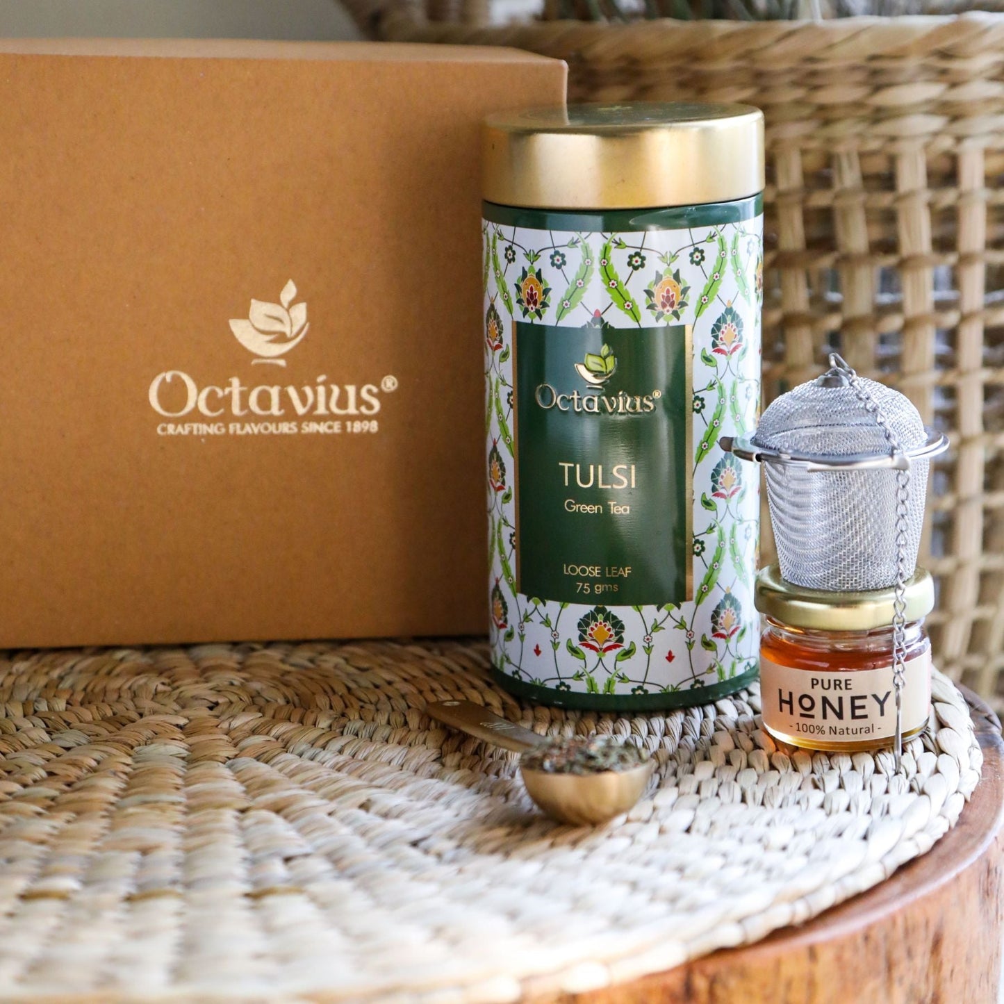 Tea Essentials - One Tulsi Green Tea Of  Your Choice, An Infuser & Honey Tulsi green tea
