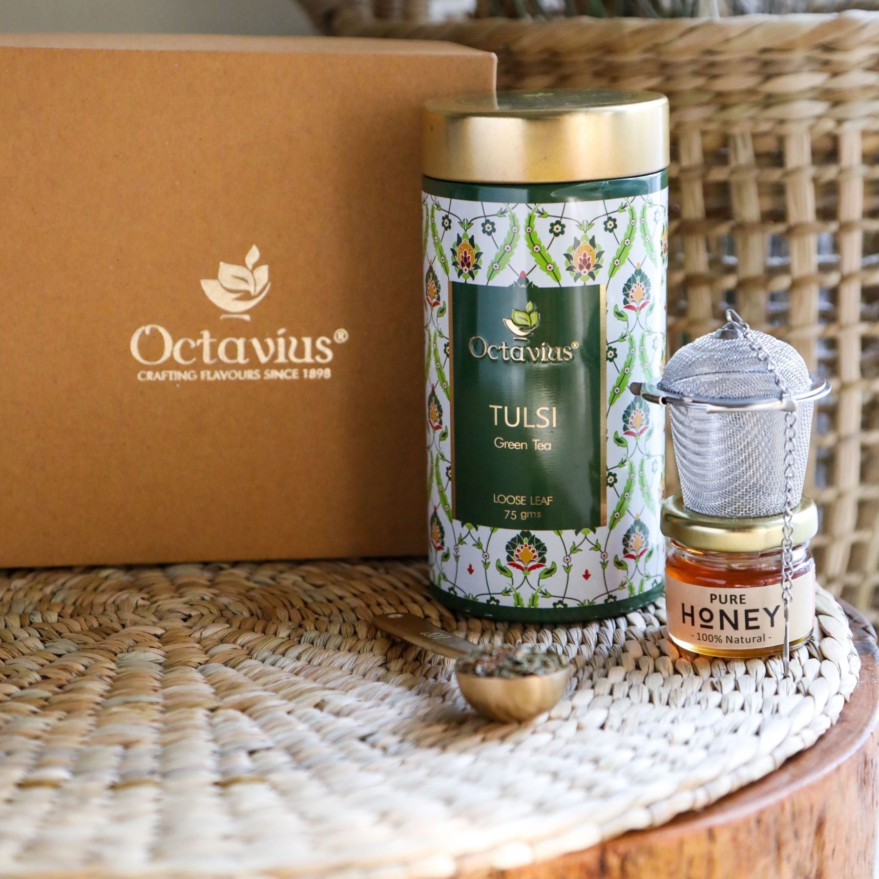 Tea Essentials - One Tulsi Green Tea Of  Your Choice, An Infuser & Honey Tulsi green tea