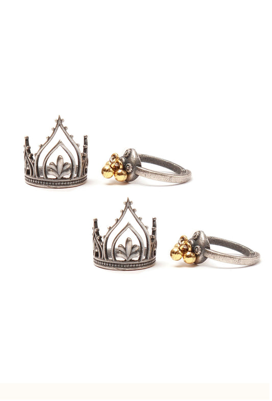 Set of 4: Crown Motif Silver Brass Toering