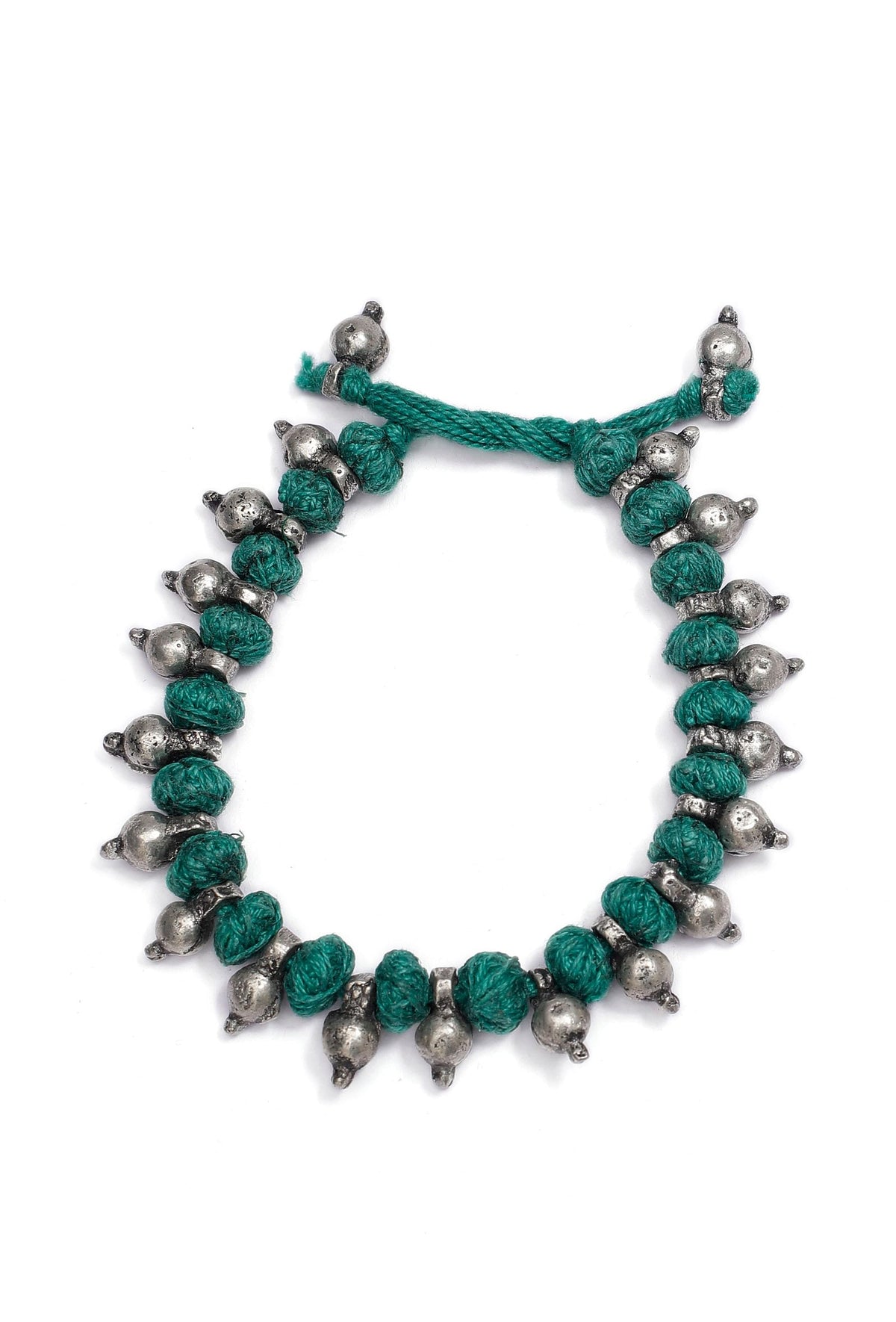 Set of 2: Teal with Silver Beads Tribal Anklet
