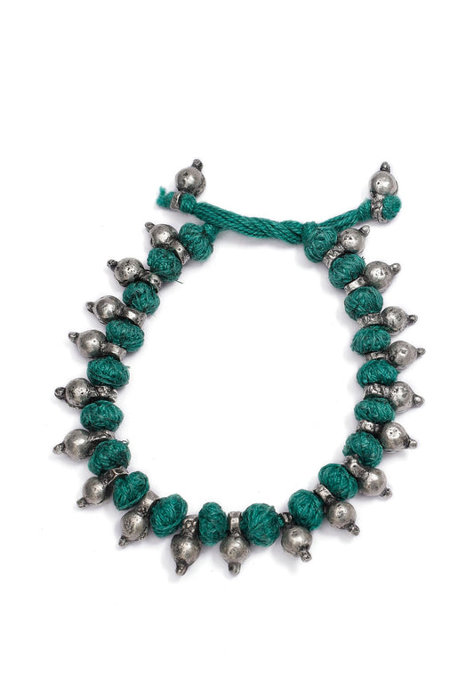 Set of 2: Teal with Silver Beads Tribal Anklet