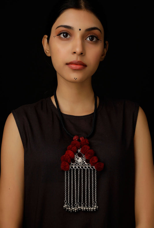 Maroon Pom Pom Handcrafted Tribal Necklace