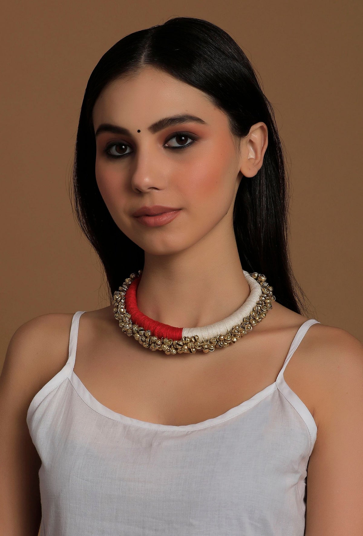 Swatsa Duo Red and Pink Tribal Gold Ghungroo Necklace