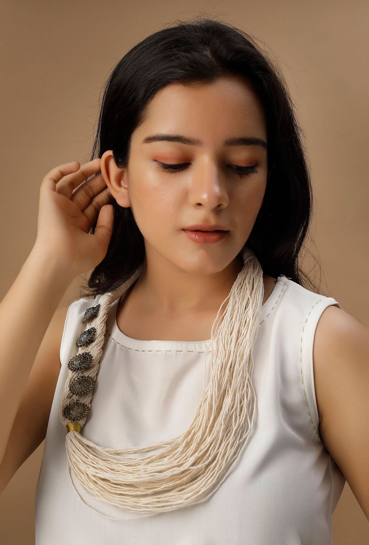 Lace White Coin Layered Thread Necklace