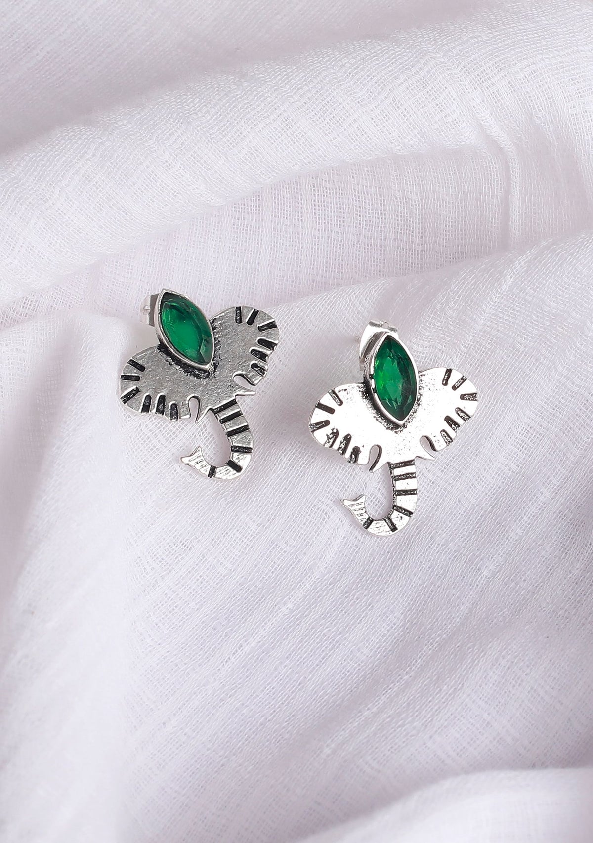 Elephant with Green Stone Brass Earrings
