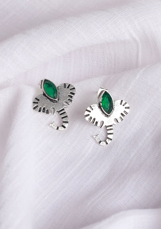 Elephant with Green Stone Brass Earrings