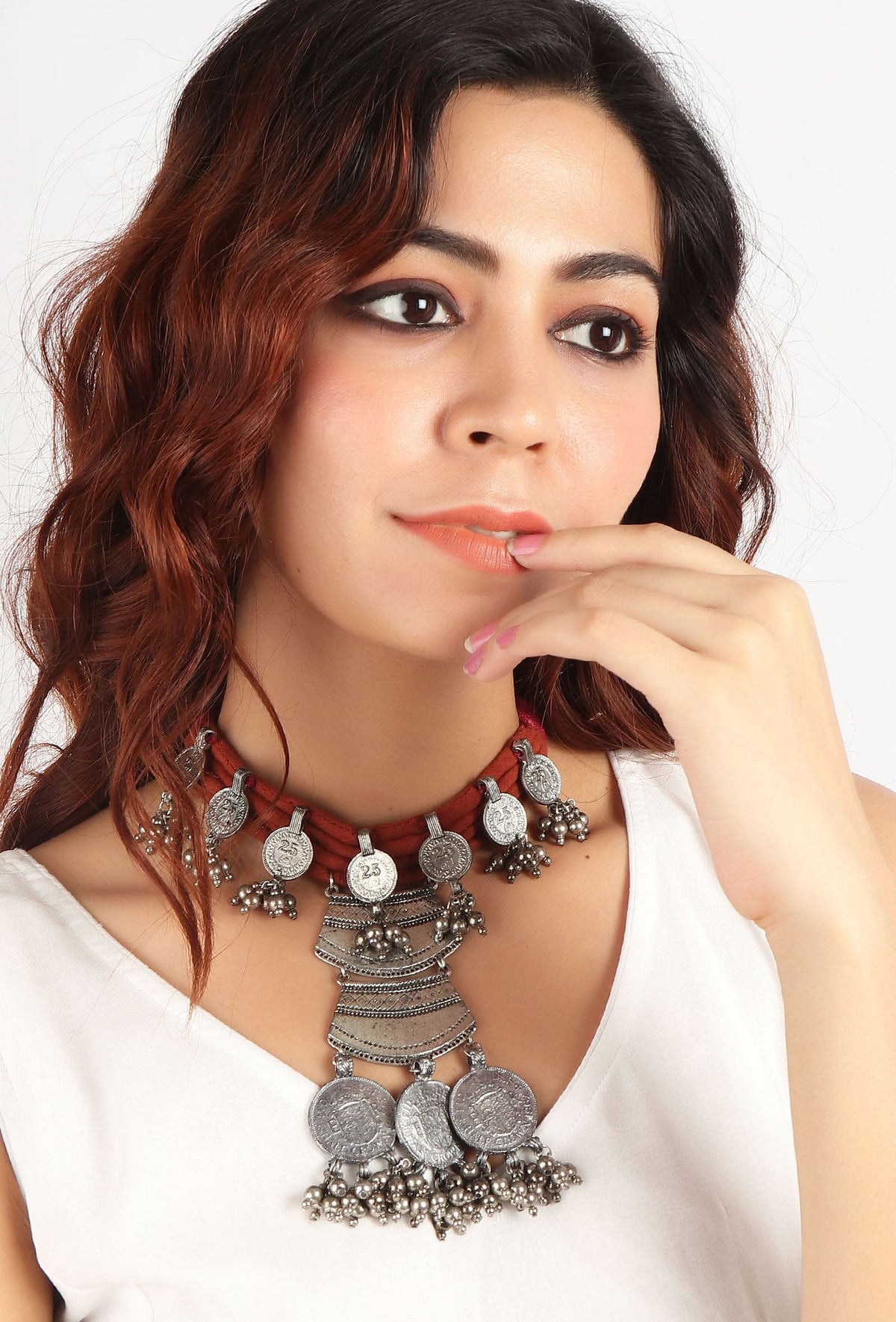 Red Thread & German Silver Tribal Coin Choker & Earrings Set