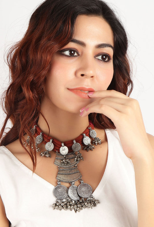 Red Thread & German Silver Tribal Coin Choker & Earrings Set