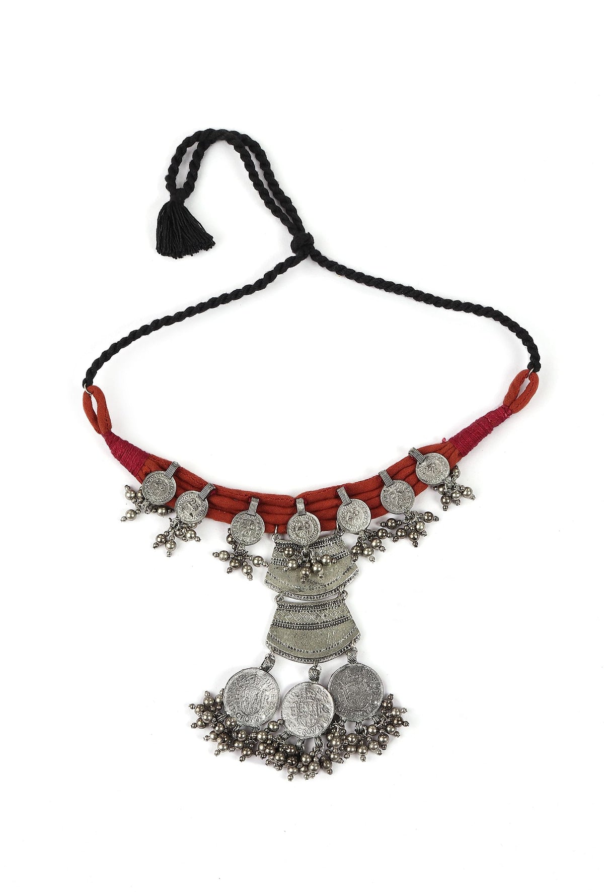 Red Thread & German Silver Tribal Coin Choker & Earrings Set