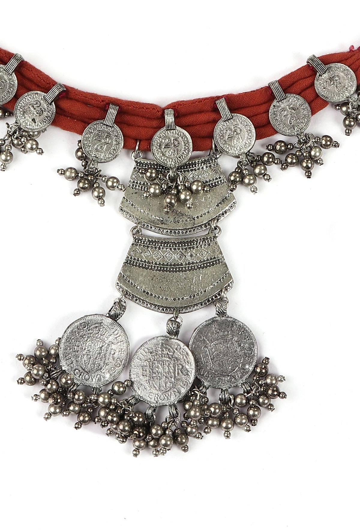 Red Thread & German Silver Tribal Coin Choker & Earrings Set