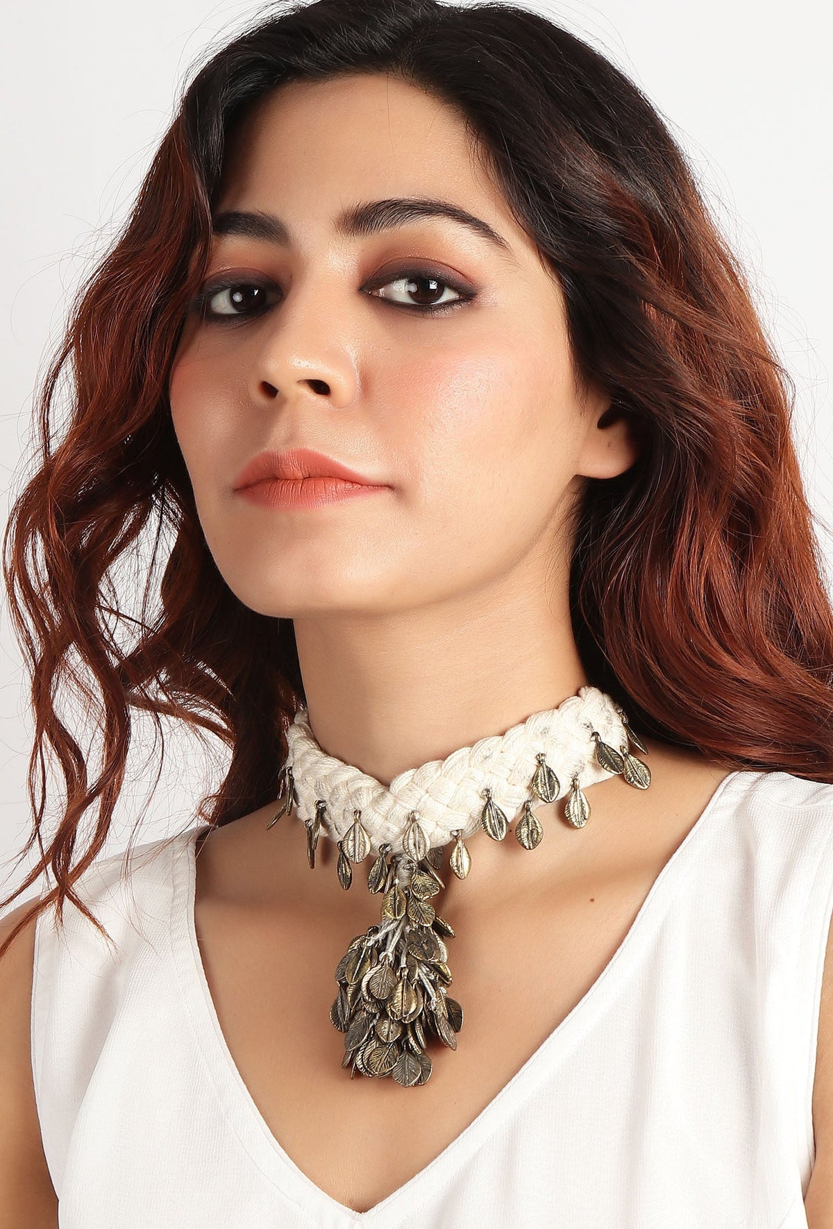 White Thread & German Silver Tribal Leaf Choker Necklace