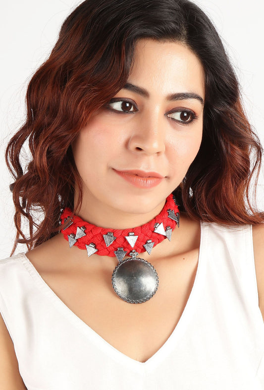 Red Thread & German Silver Tribal Choker With Bold Pendant