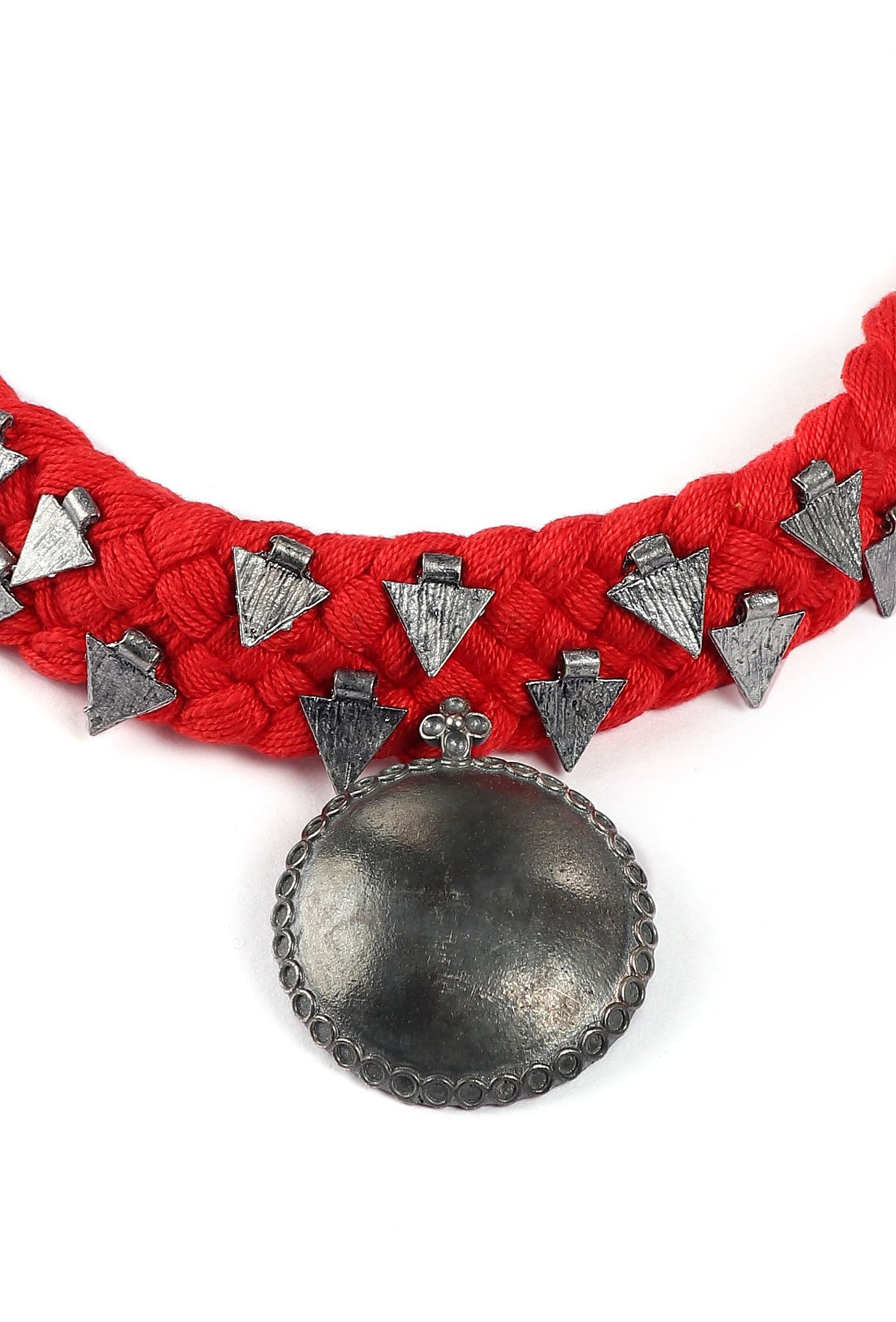Red Thread & German Silver Tribal Choker With Bold Pendant