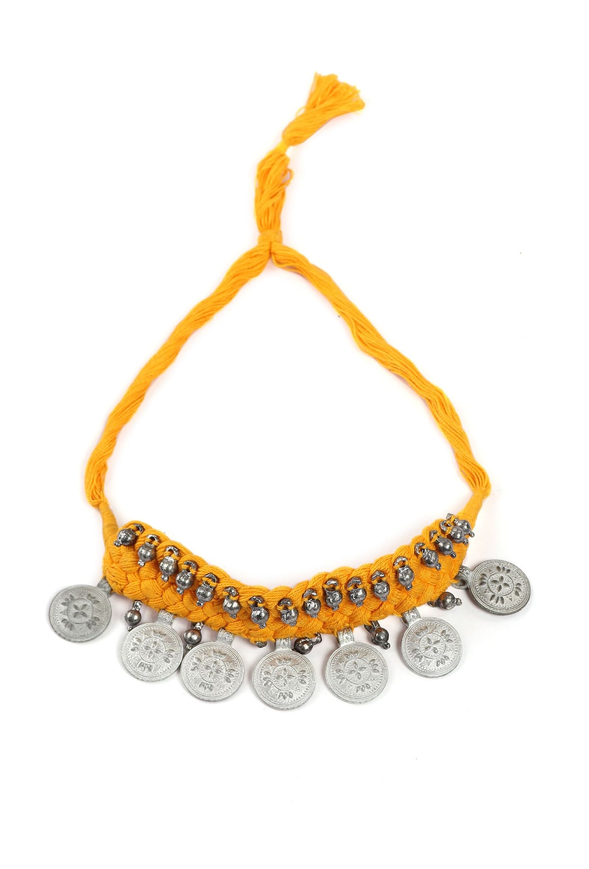 Yellow Thread & German Silver Tribal Choker With Coins
