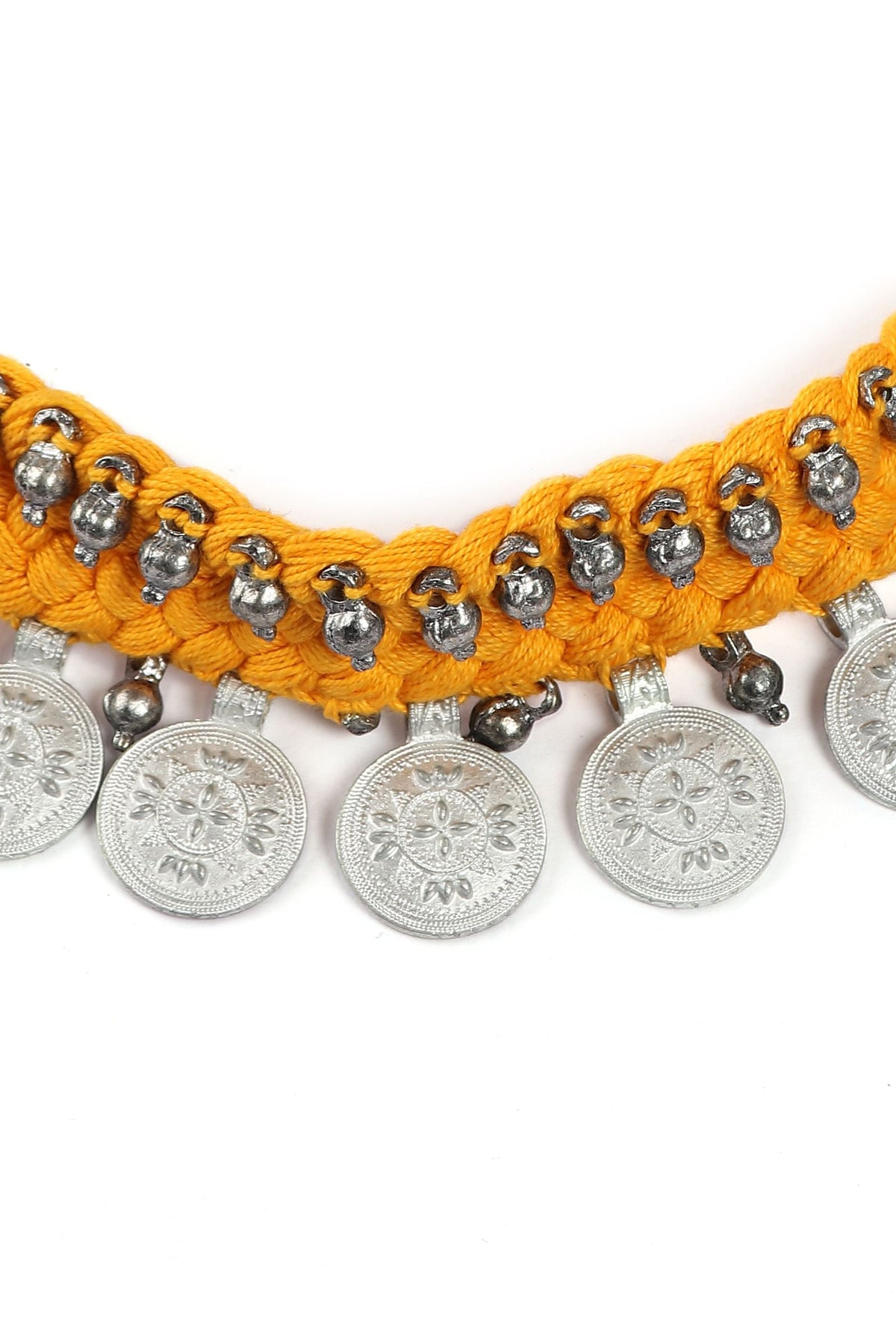 Yellow Thread & German Silver Tribal Choker With Coins