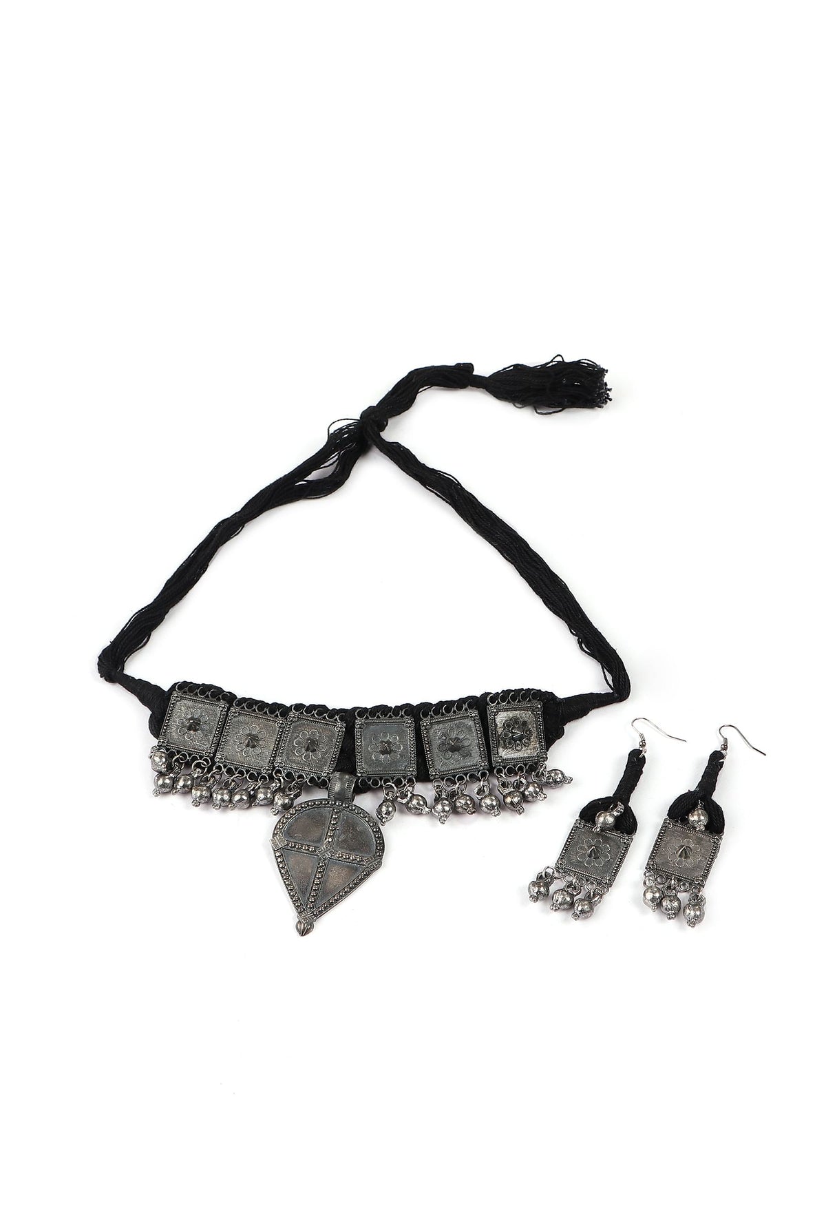 Black Thread & Square Motif German Silver Tribal Choker & Earrings