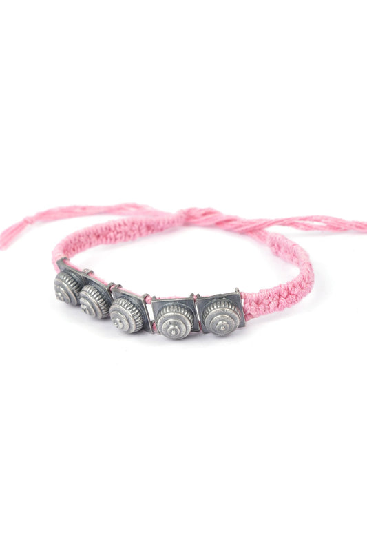 Set of 2: Opal Pink Thread & Antique Plated Brass Beaded Anklets