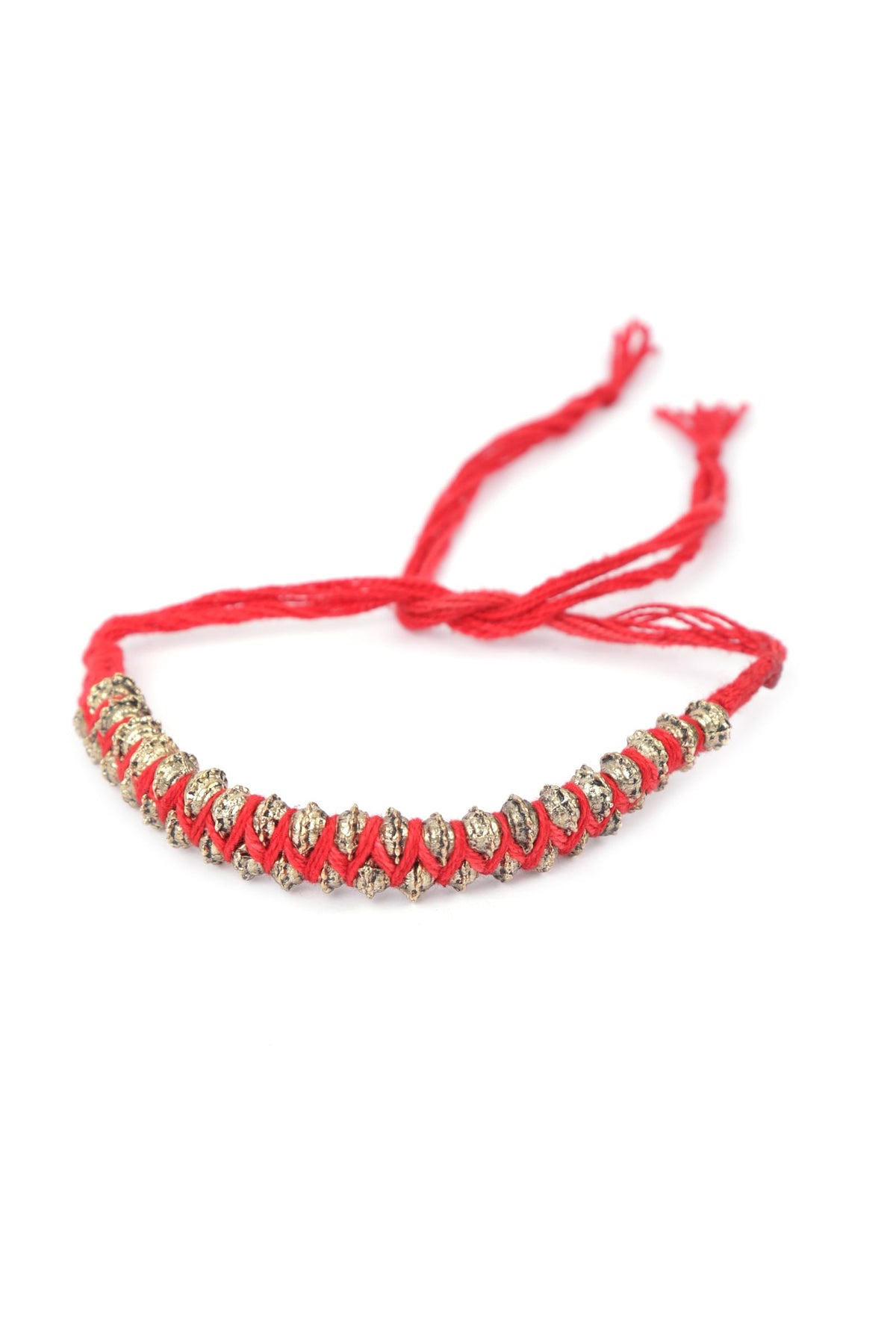Set of 2: Diti Red Thread & Antique Plated Brass Beaded Anklets