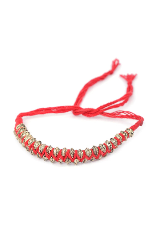 Set of 2: Diti Red Thread & Antique Plated Brass Beaded Anklets