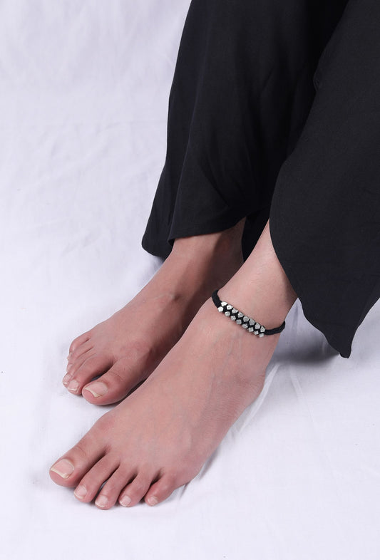 Set of 2: Amira Black Thread & Antique Plated Brass Beaded Anklets