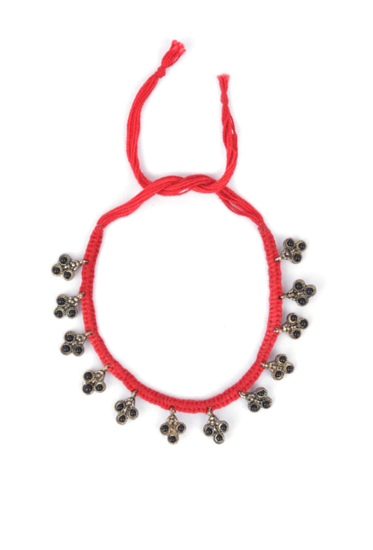 Set of 2: Mehar Red Thread & Antique Plated Brass Charm Anklets