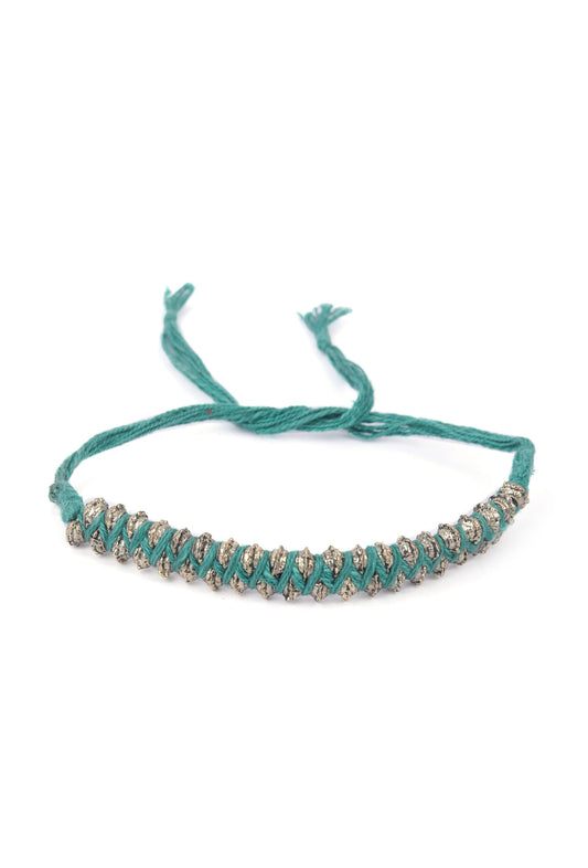 Set of 2: Rida Pine Green Thread & Antique Plated Brass Beaded Anklets