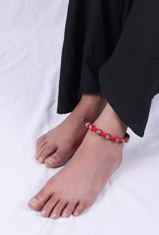 Set of 2: Amoli Red Thread & Antique Plated Brass Beaded Anklets
