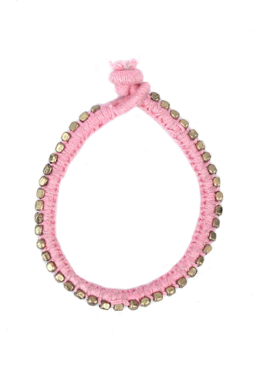 Set of 2: Cetana Pink Thread & Antique Plated Brass Beaded Anklets
