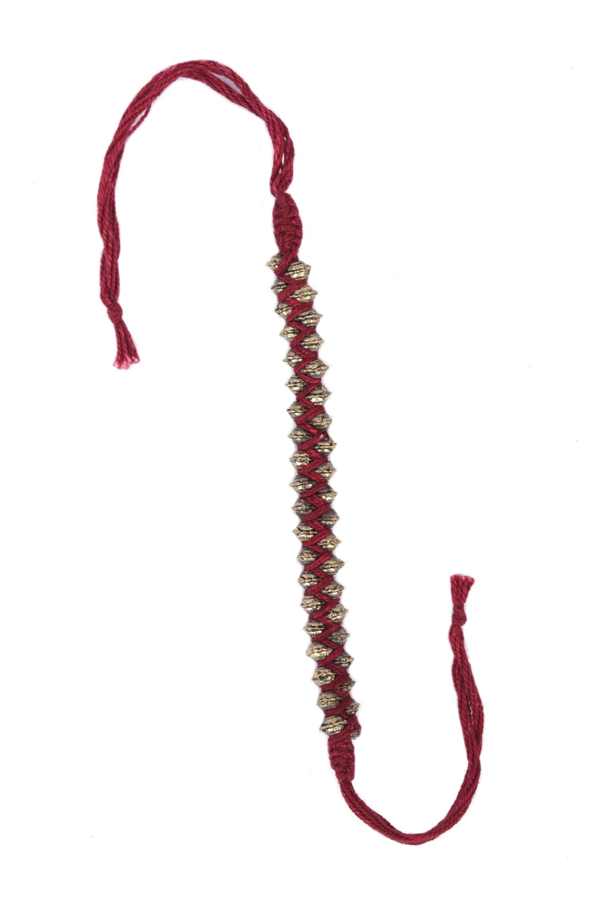 Set of 2: Eti Maroon Thread & Antique Plated Brass Beaded Anklets