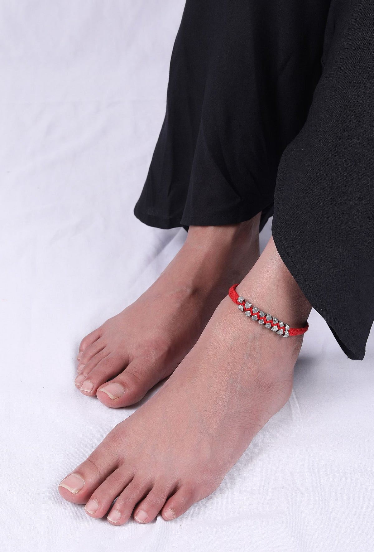 Set of 2: Lavanya Red Thread & Antique Plated Brass Beaded Anklets