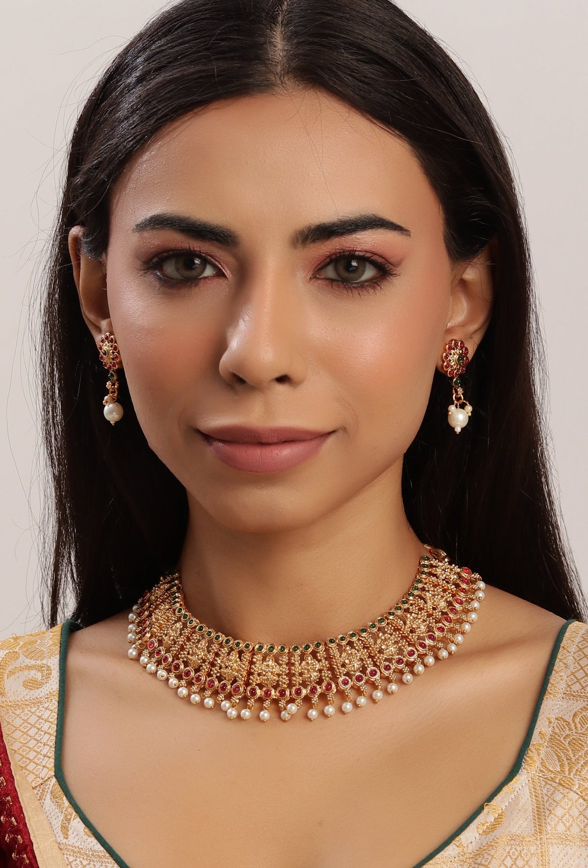 South Indian Laxmi Devi Pearl Necklace Ensemble