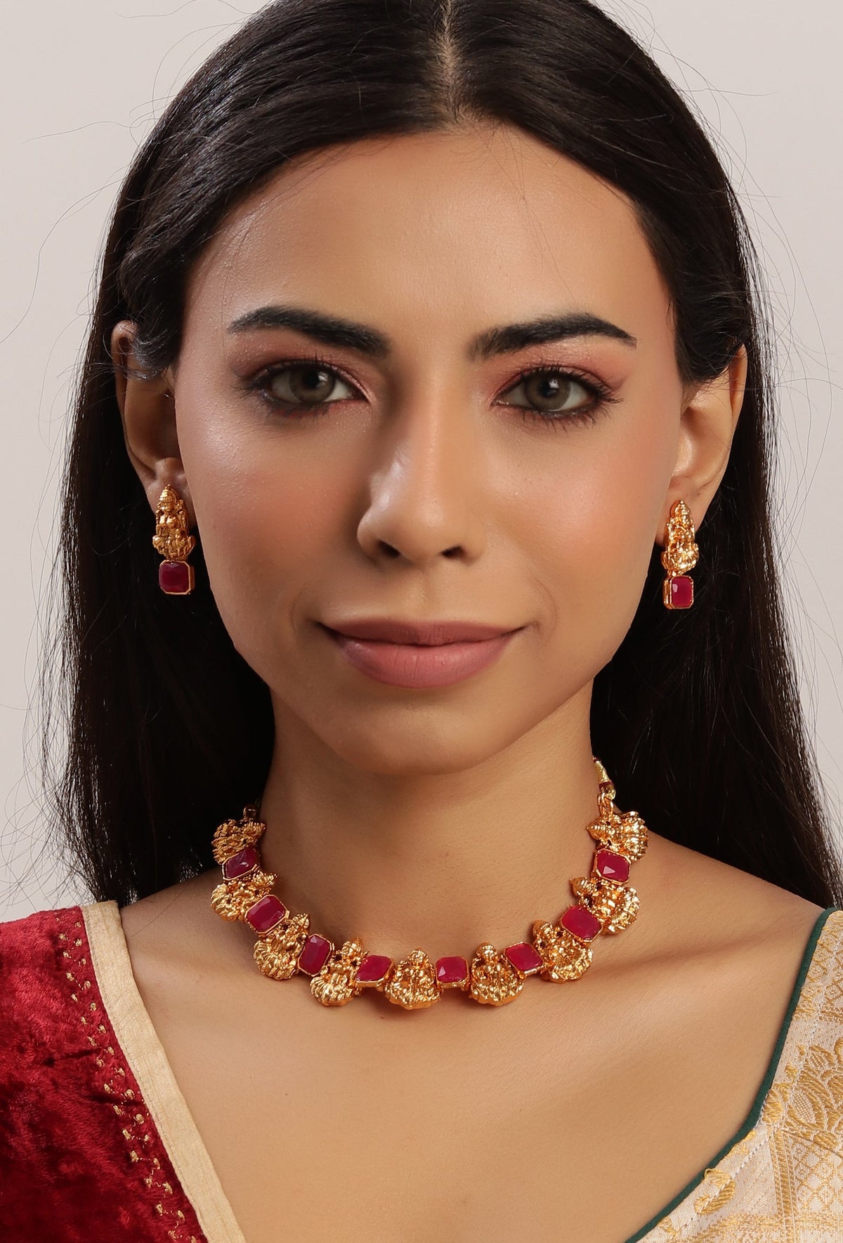 Divine Laxmi Devi Necklace With Square Stone Stud Earrings