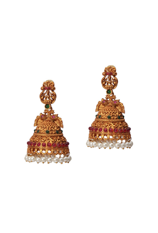 Matte Kemp Stone Jhumkas With Beadwork