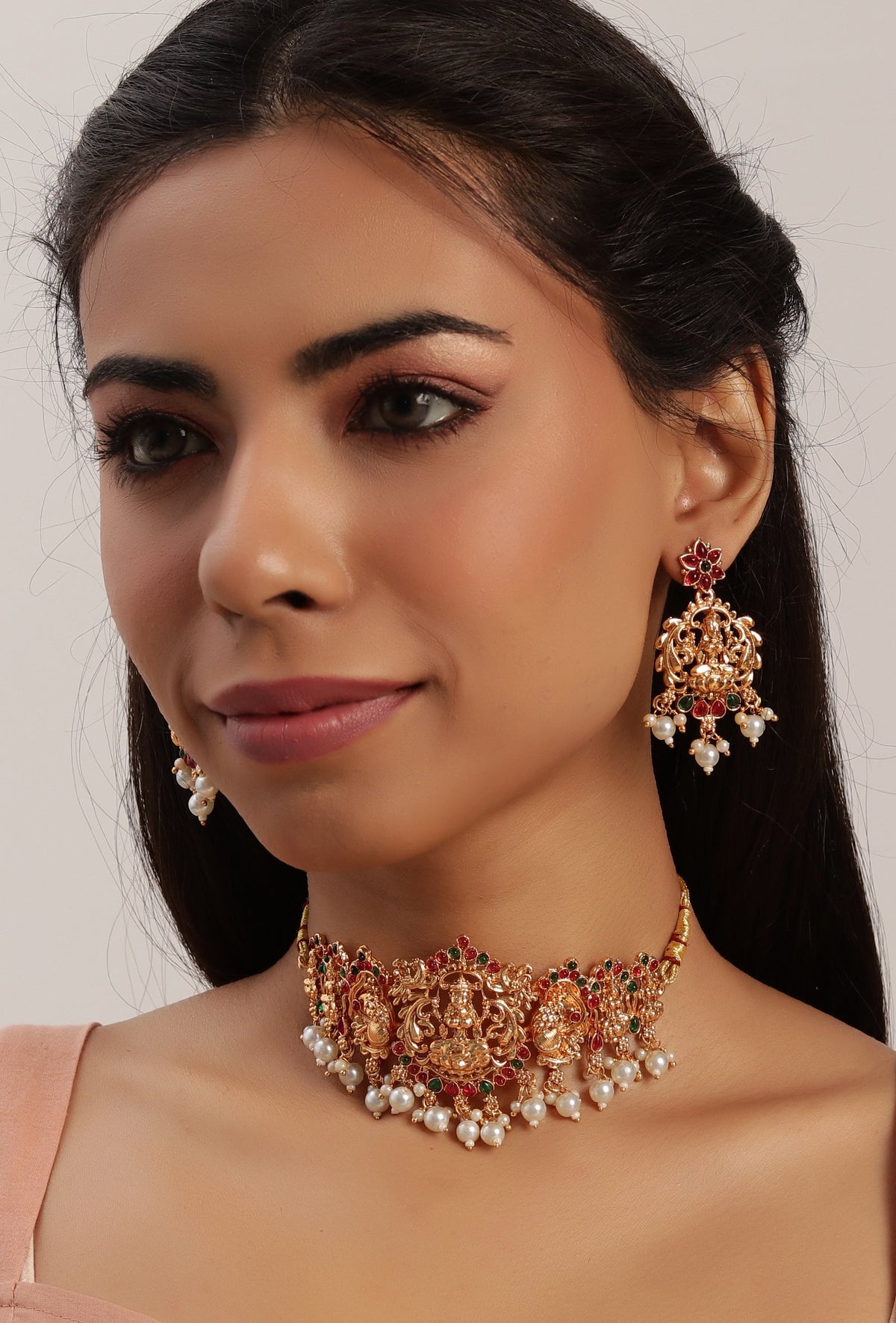 Traditional Laxmi Devi Neck Center Choker Set With Antique Finish