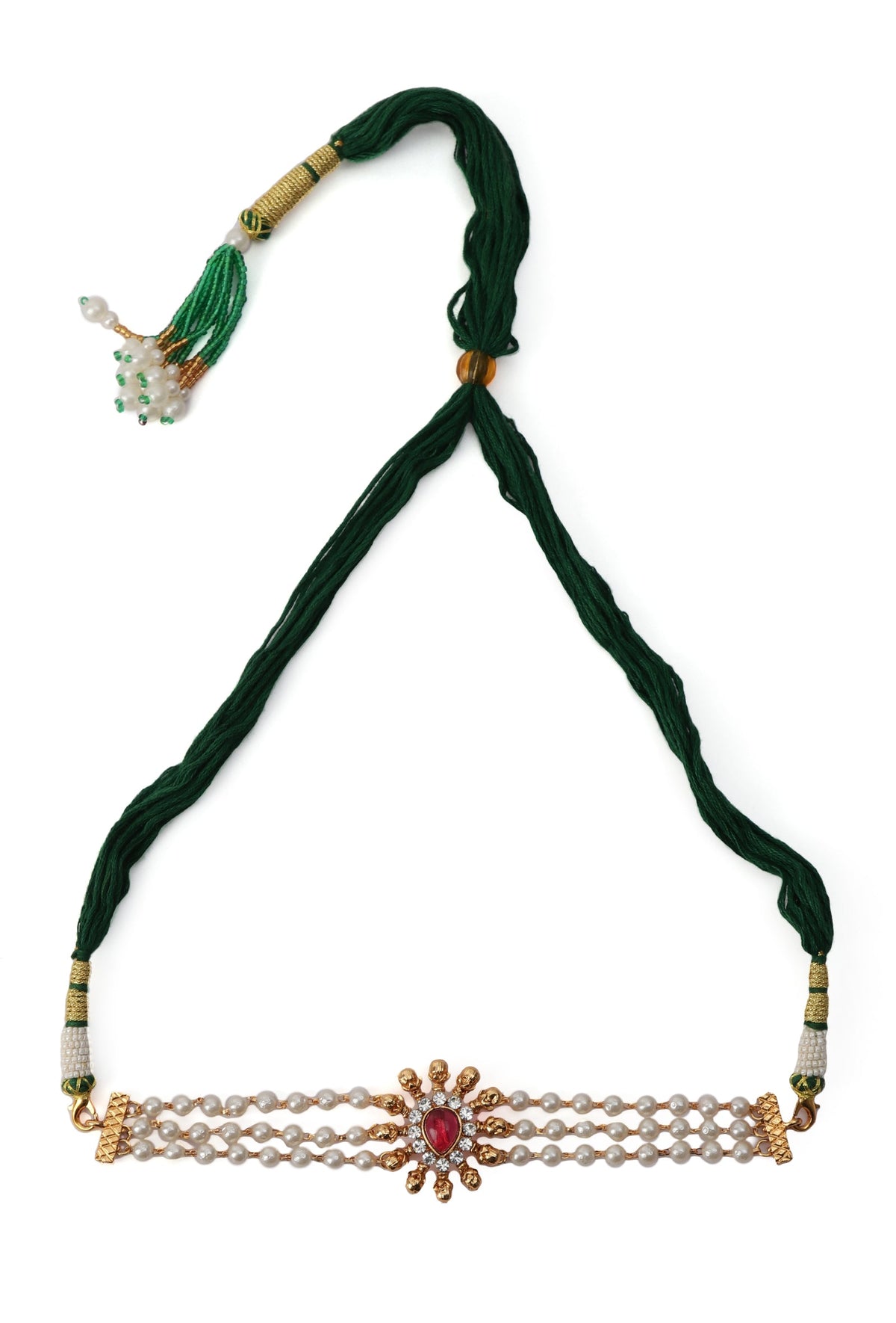 Ethnic Three-Line Moti Mala Choker Set With Adjustable Neck Dori And Antique Tops