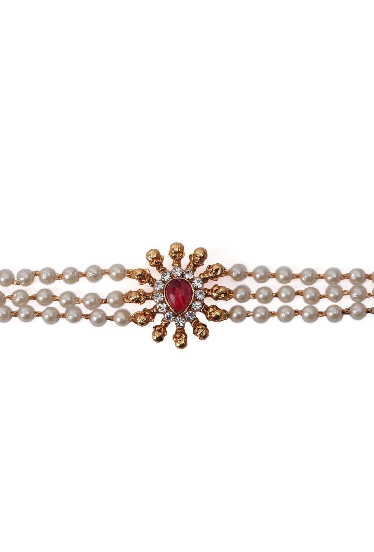Ethnic Three-Line Moti Mala Choker Set With Adjustable Neck Dori And Antique Tops