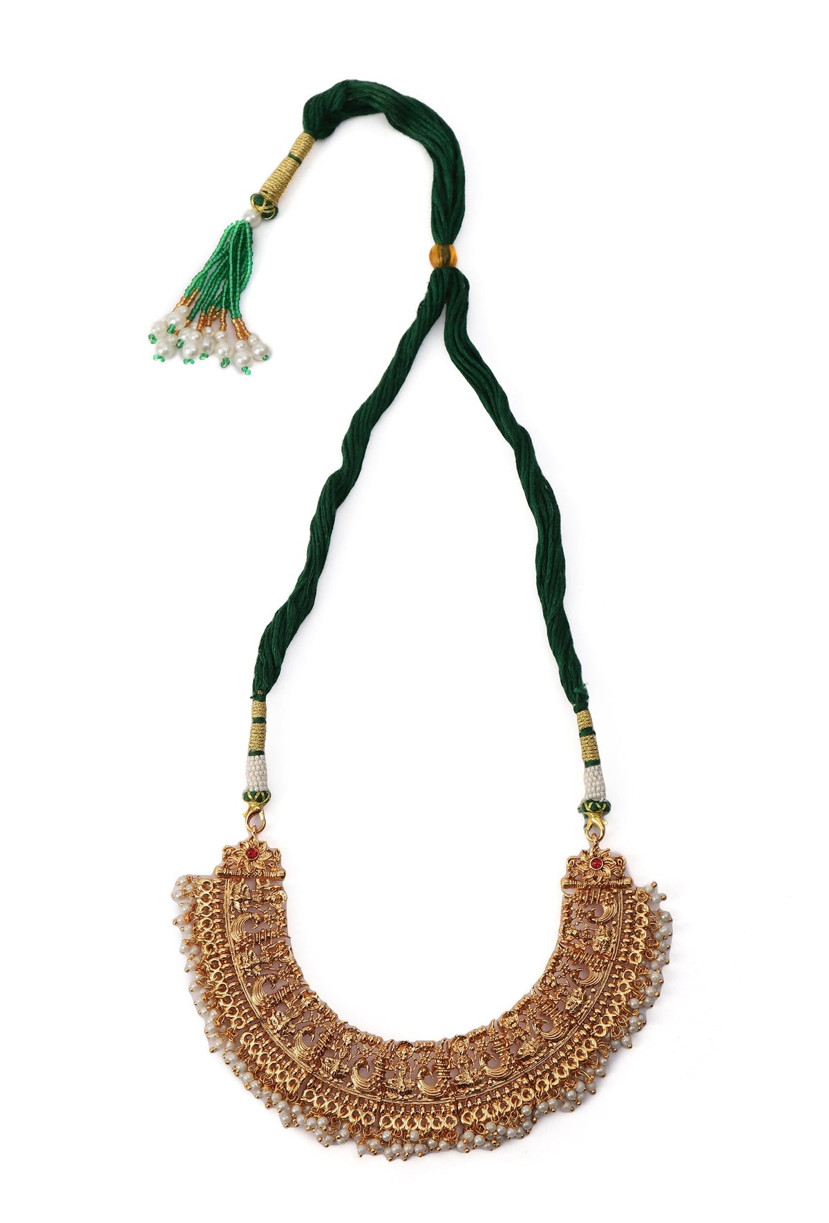 Pearl Temple Jewellery Set In Laxmi Devi Alloy With Adjustable Drawstring