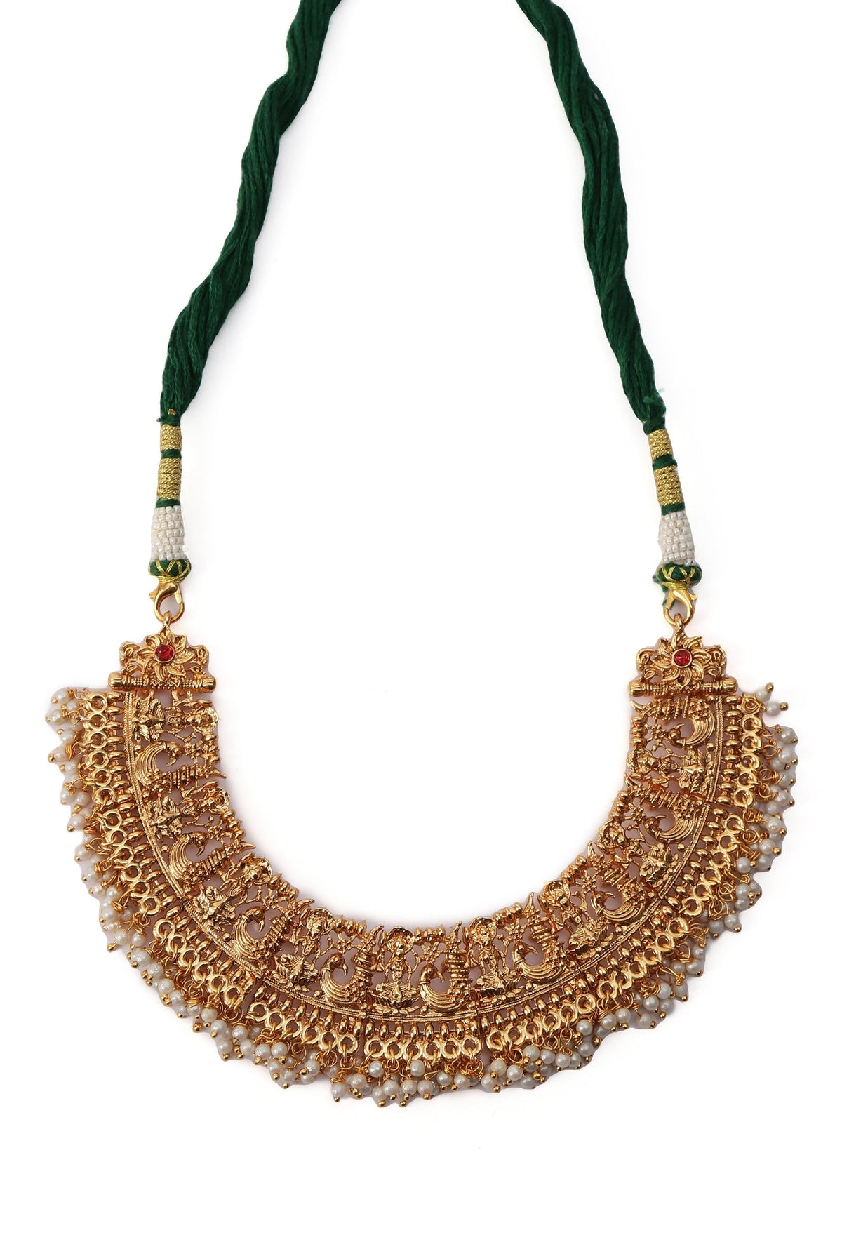 Pearl Temple Jewellery Set In Laxmi Devi Alloy With Adjustable Drawstring