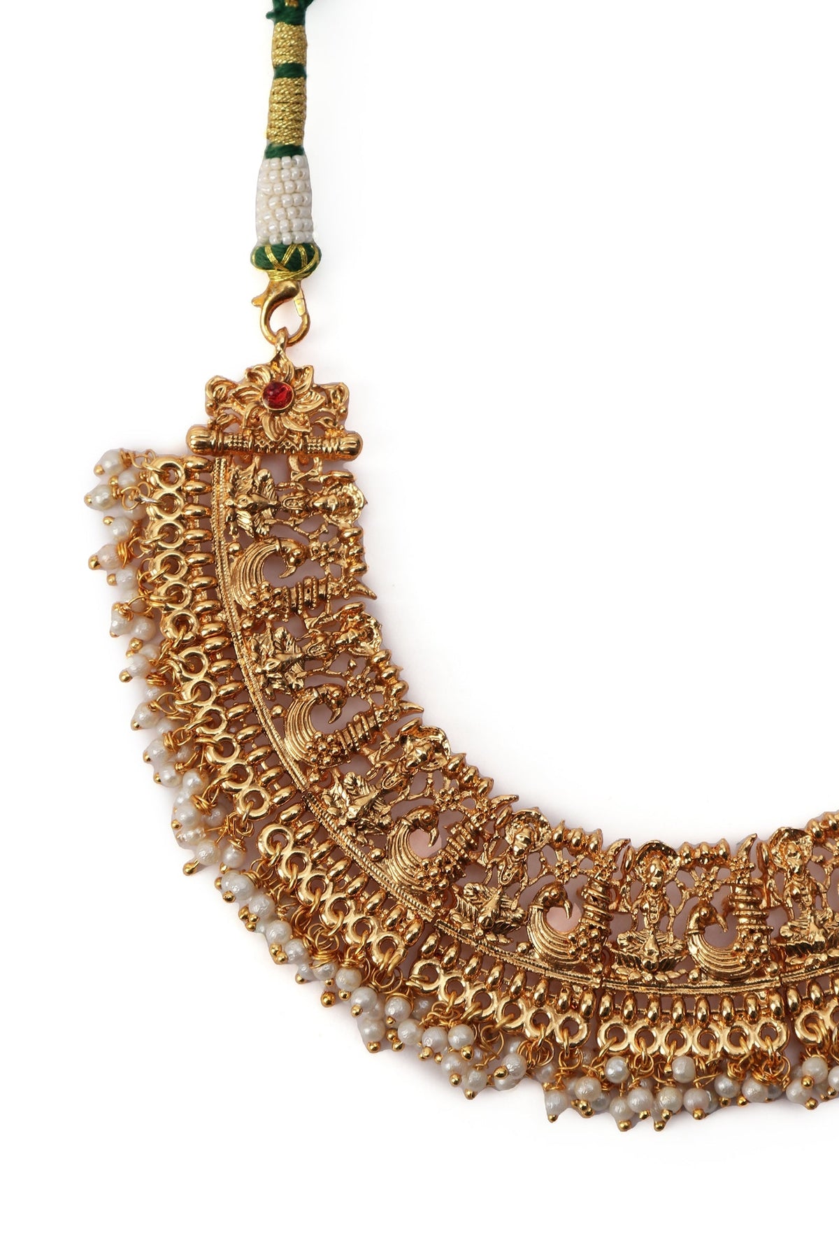 Pearl Temple Jewellery Set In Laxmi Devi Alloy With Adjustable Drawstring
