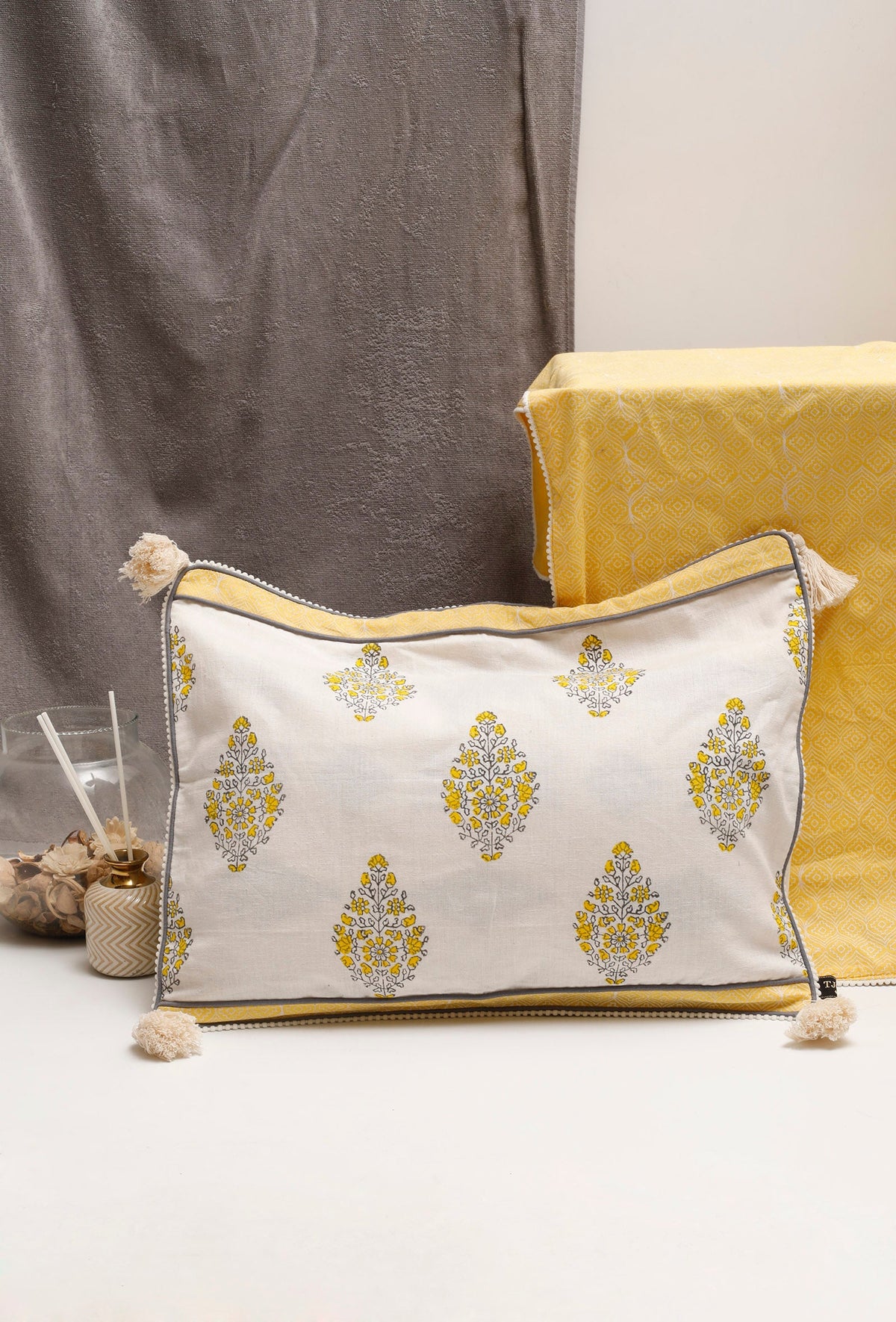 Set of 2: Summer Yellow Floral Handblock Cotton Cushion Covers