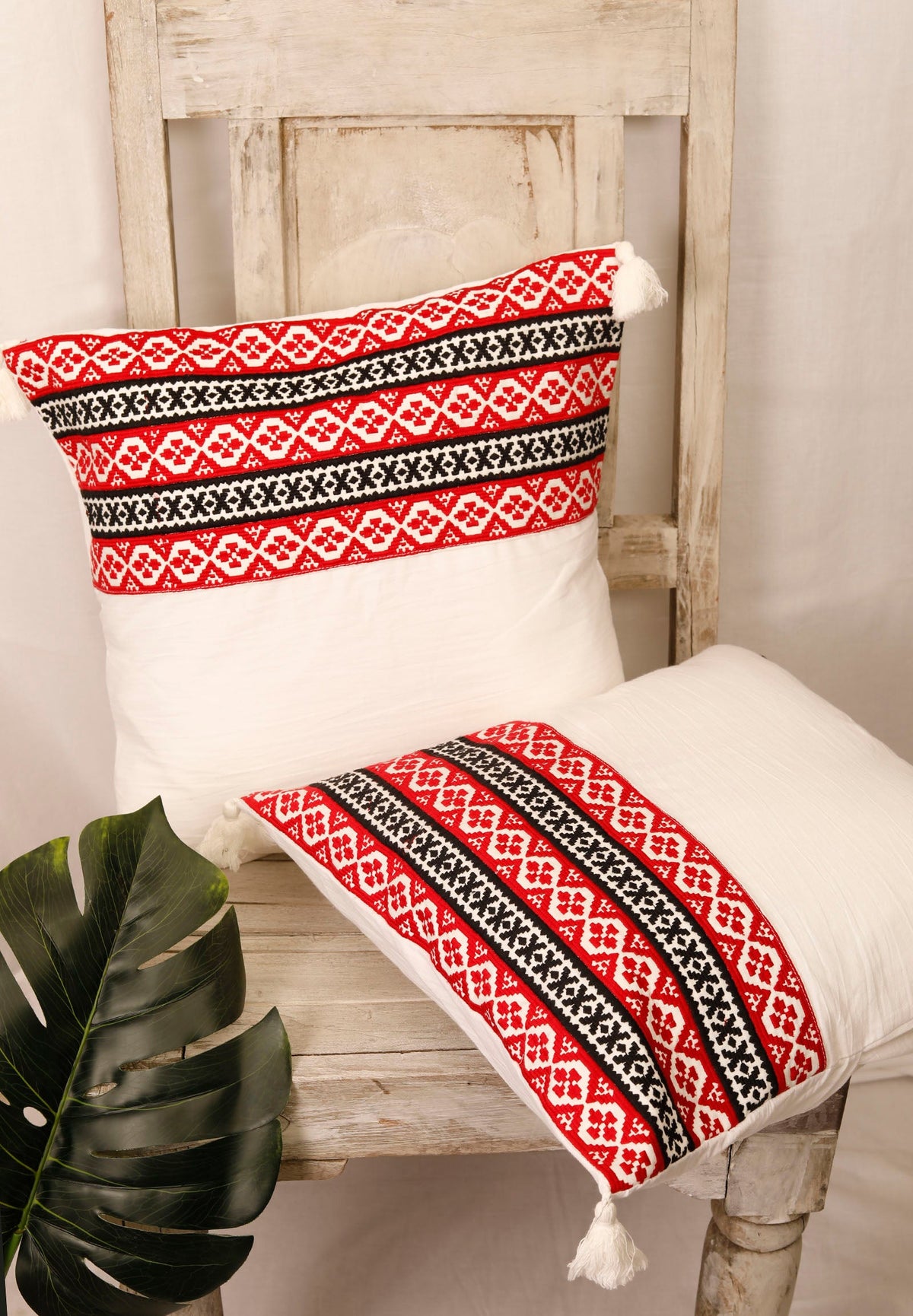 White Single Edged Cushion Cover With Tassels