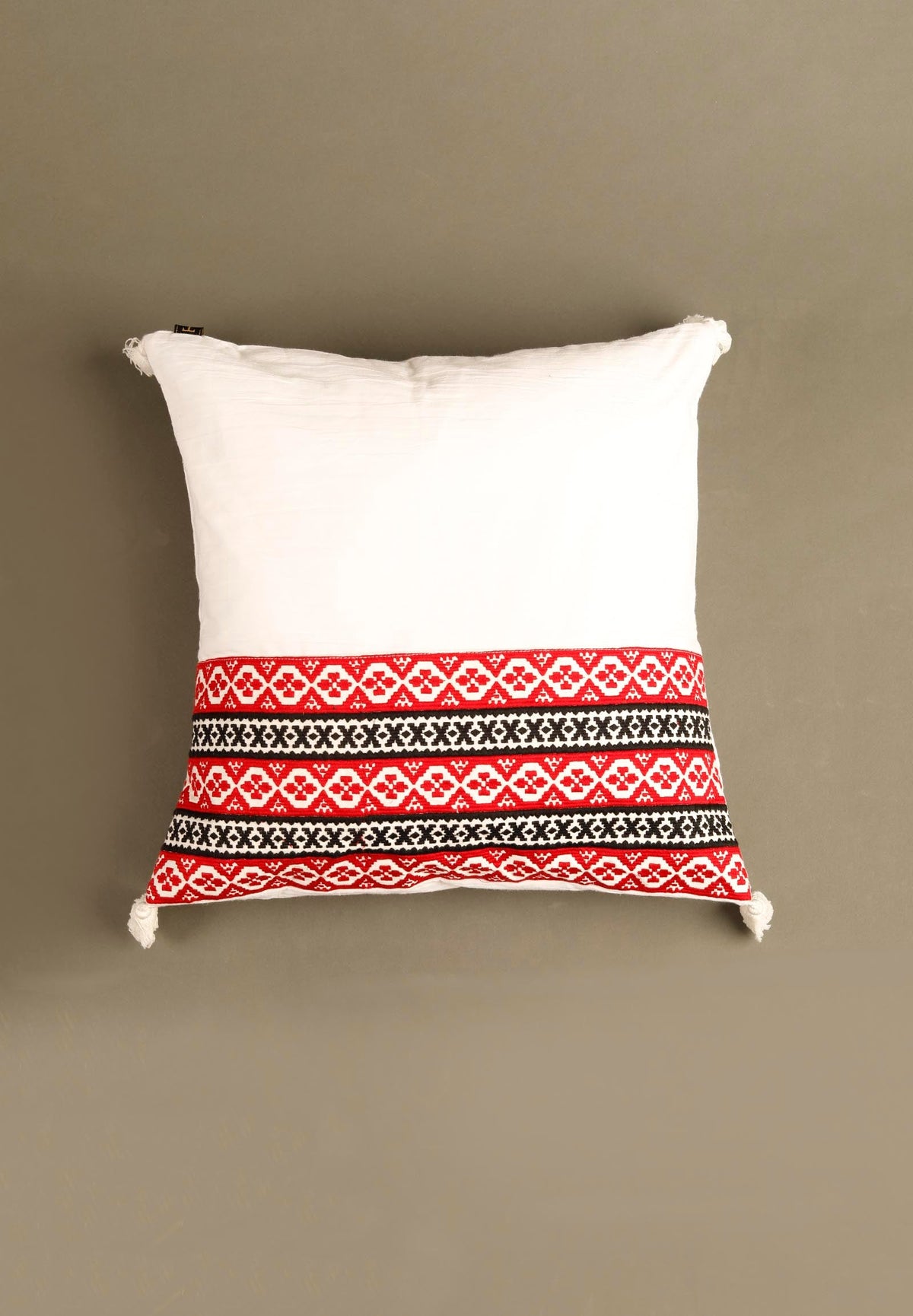White Single Edged Cushion Cover With Tassels