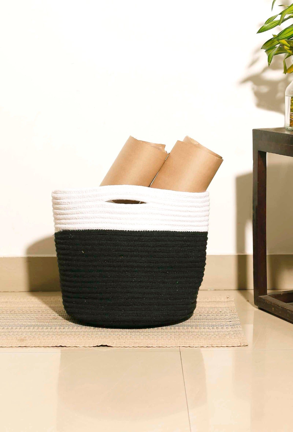 Sarah Black and White Cotton Jute Basket