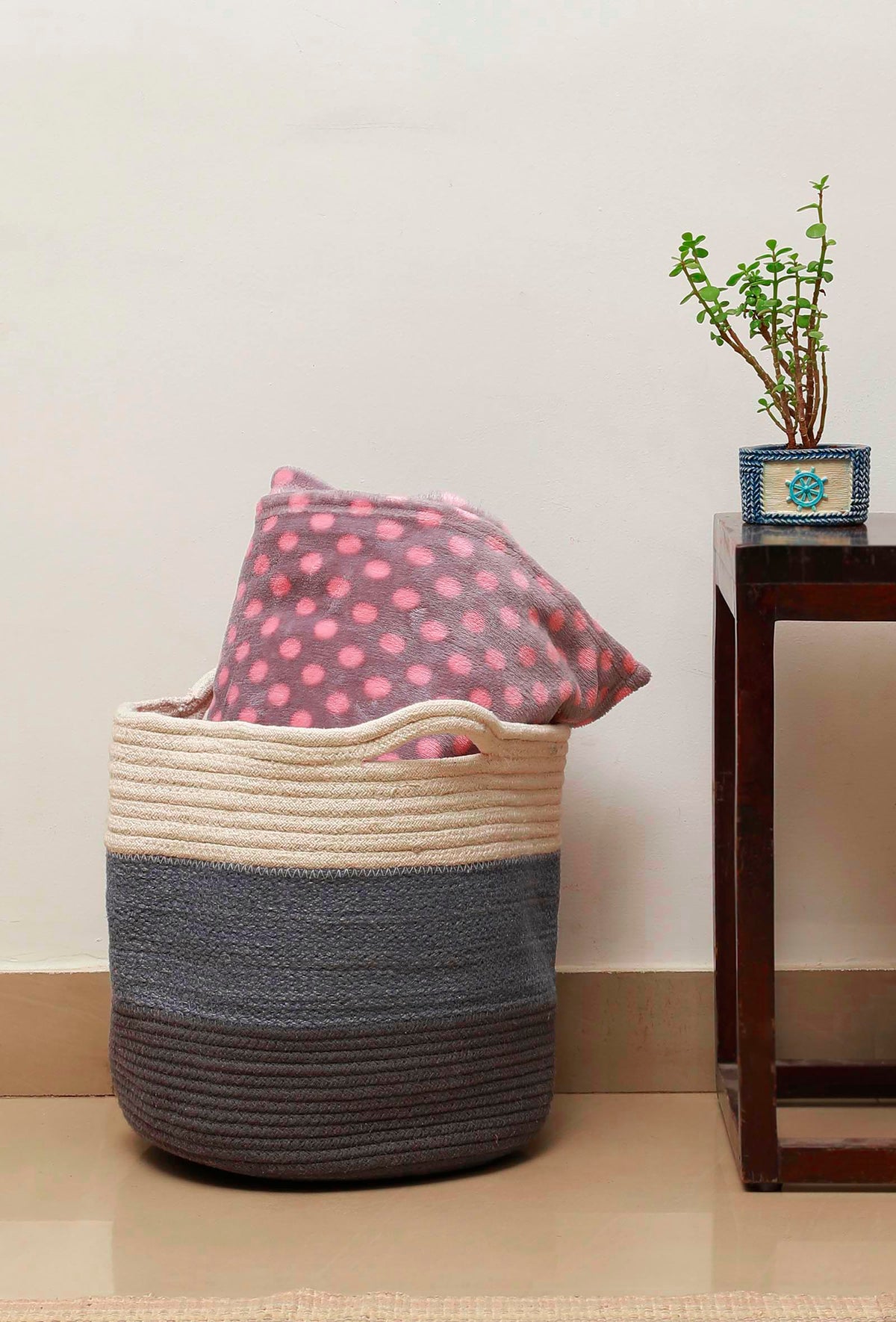 Three Tone Grey Cotton Jute Basket