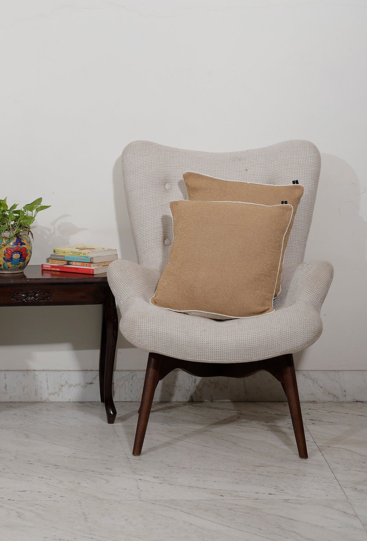 Set of 2: Solid Beige Handcrafted Jacquard Cushion Covers