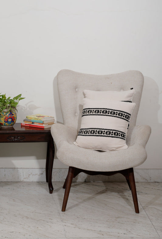 Set of 2: Cream White with Black Border Sky Blue Handcrafted Jacquard Cushion Covers