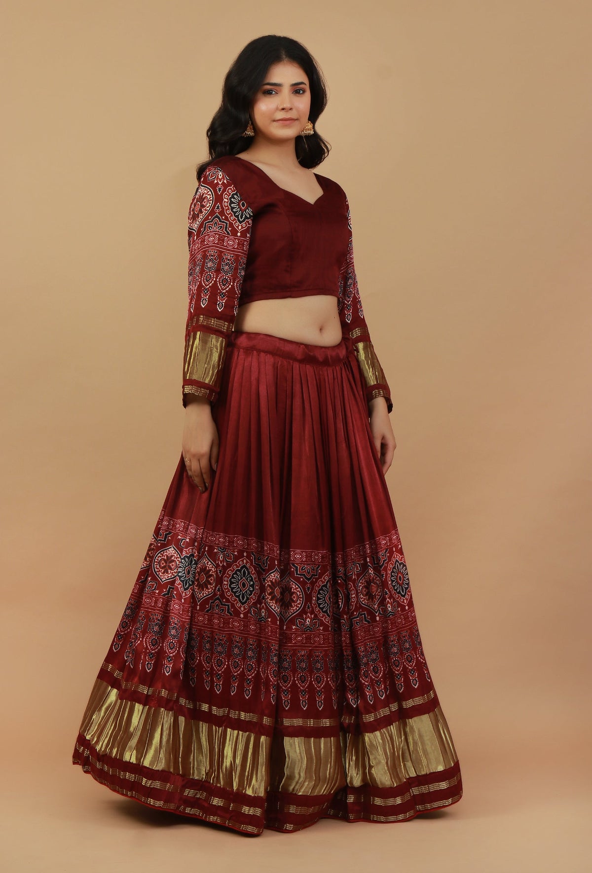 Set of 3: Ajrakh Printed Red Lehenga Set サイズ XXL