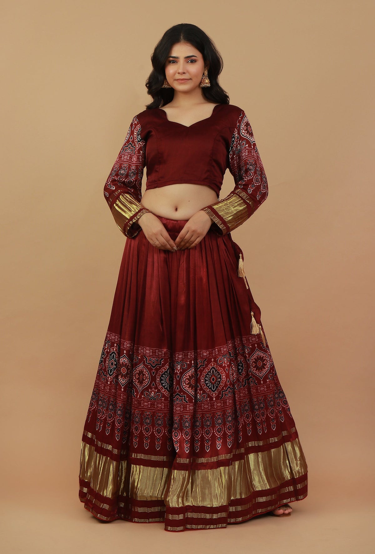 Set of 3: Ajrakh Printed Red Lehenga Set サイズ XXL